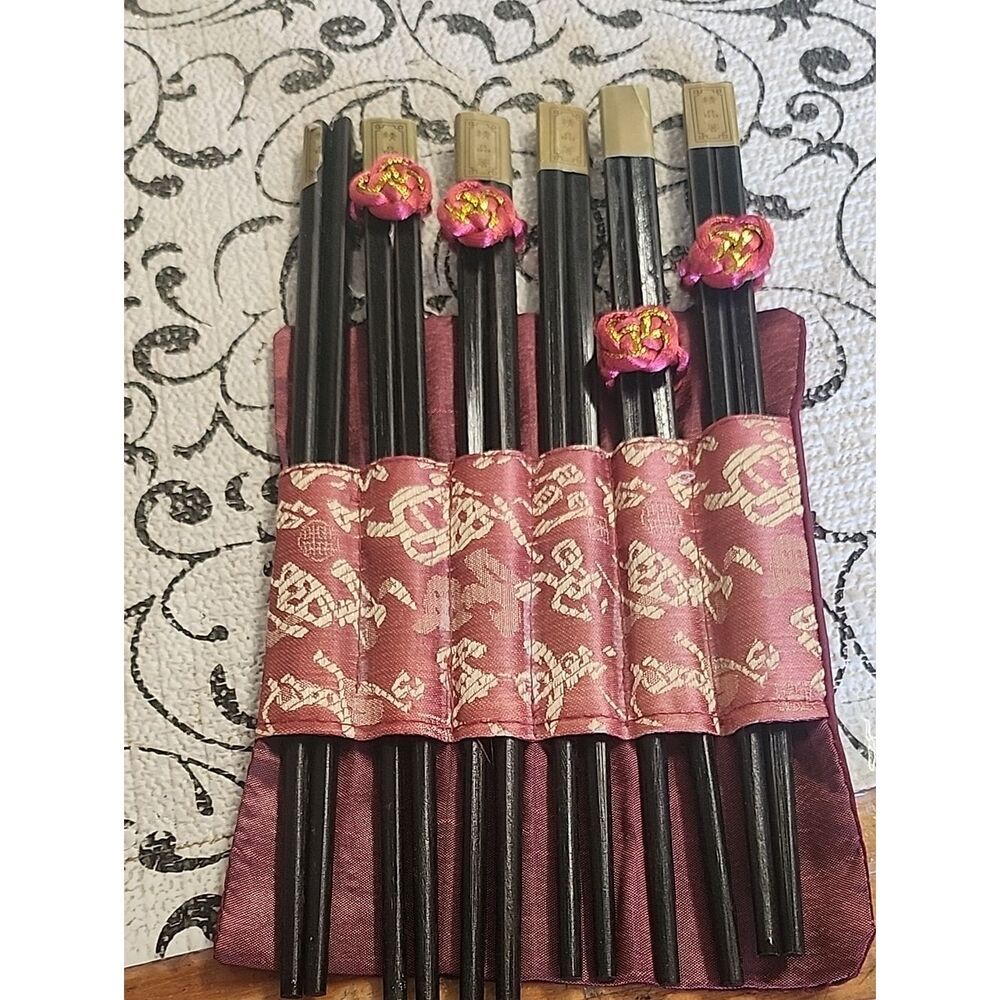 Black Chopsticks Set with Maroon Embroidered Holder